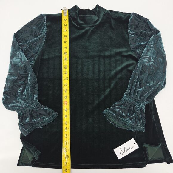 Calessa Mock Neck Blouse Top Large Green Velvet Burnout Whimsigoth Forest Fairy - Picture 4 of 6